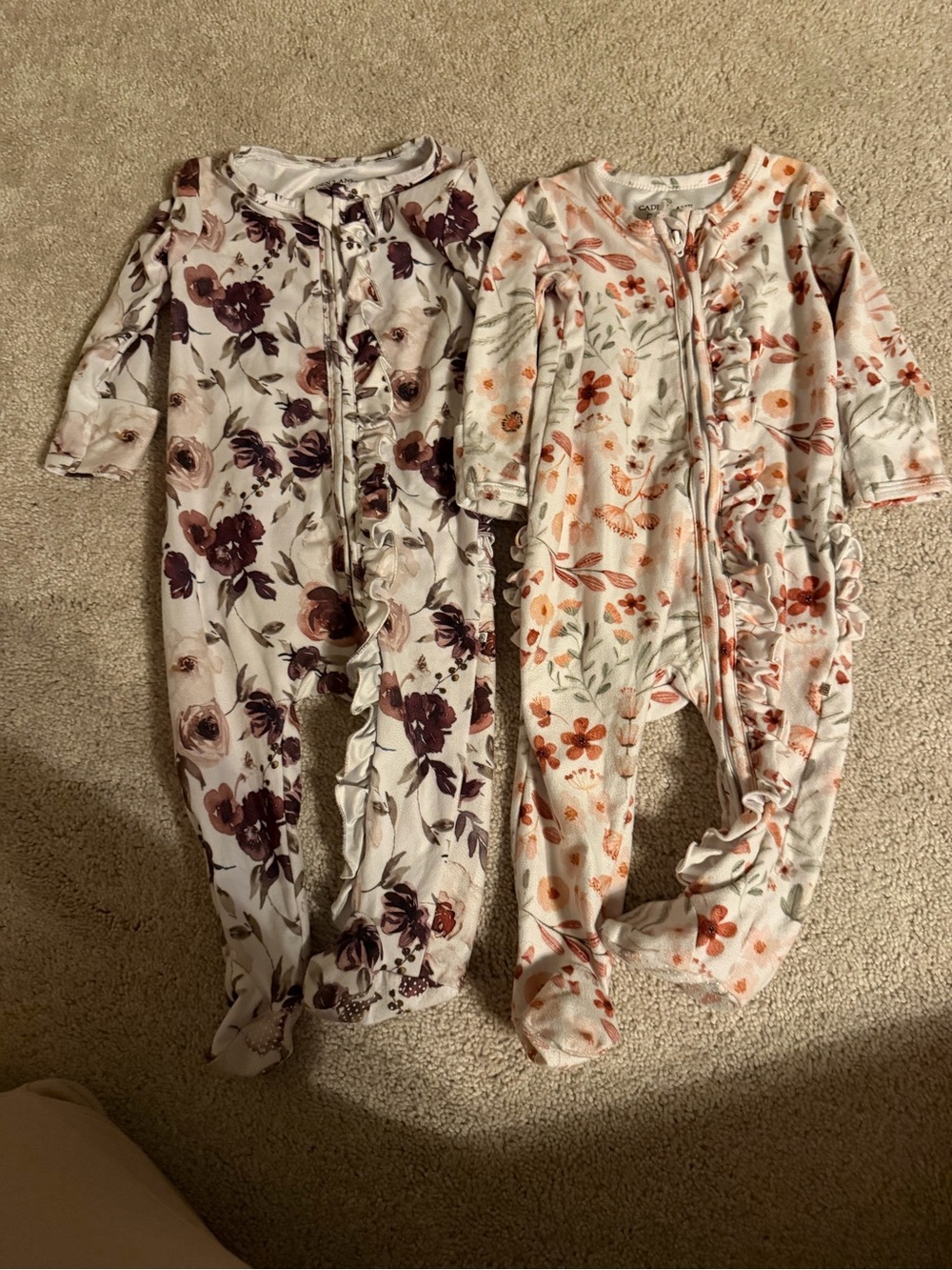 Caden Lane Floral Ruffle Footies - Cream with Rose and Rust Prints